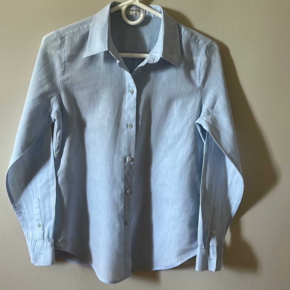 Babaton Linen/Cotton Blend Light Blue Button Down Shirt, Size Small